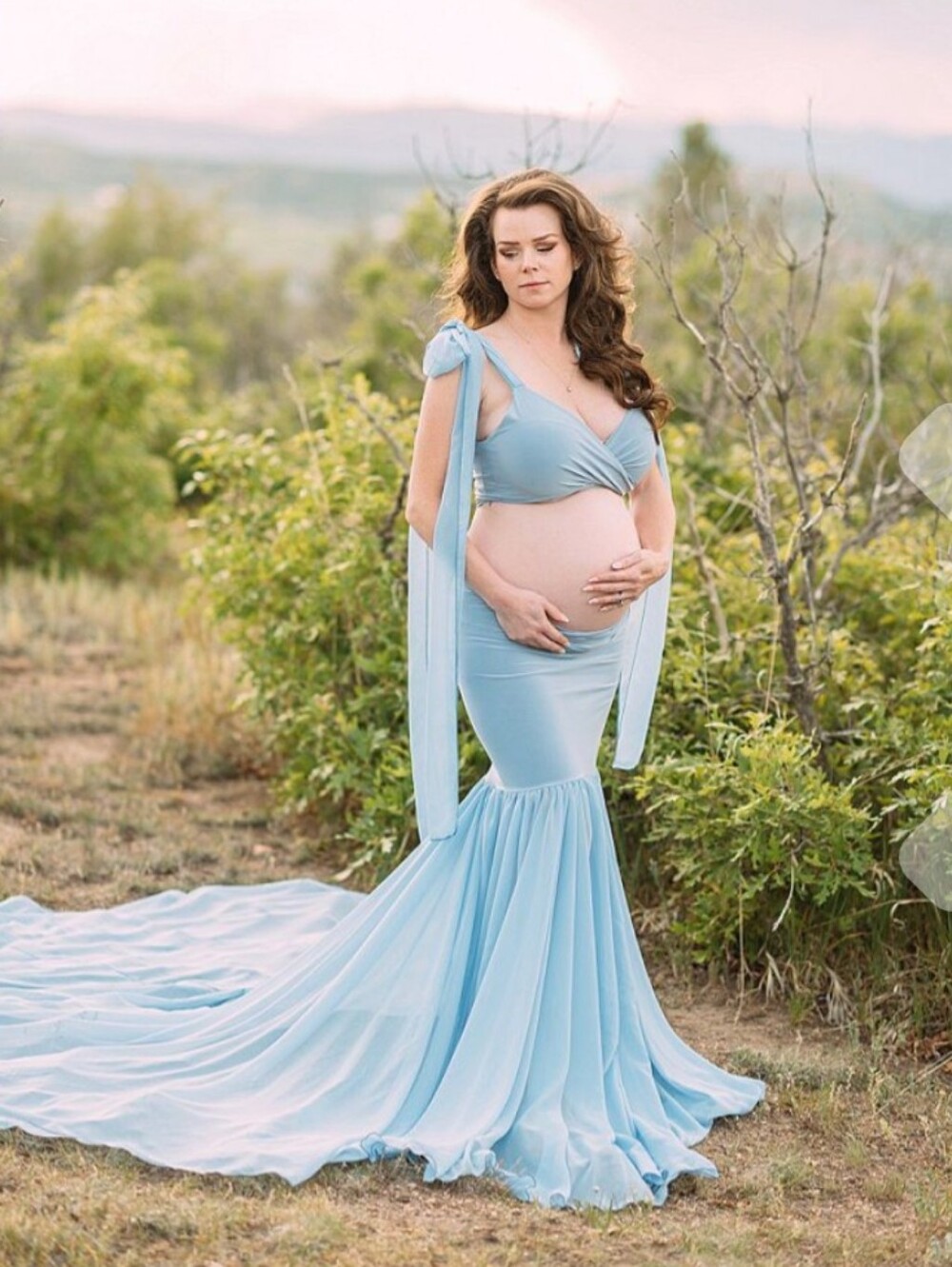 Light Blue Maternity Mermaid Gown with Tie-Shoulder Multi Way Wear